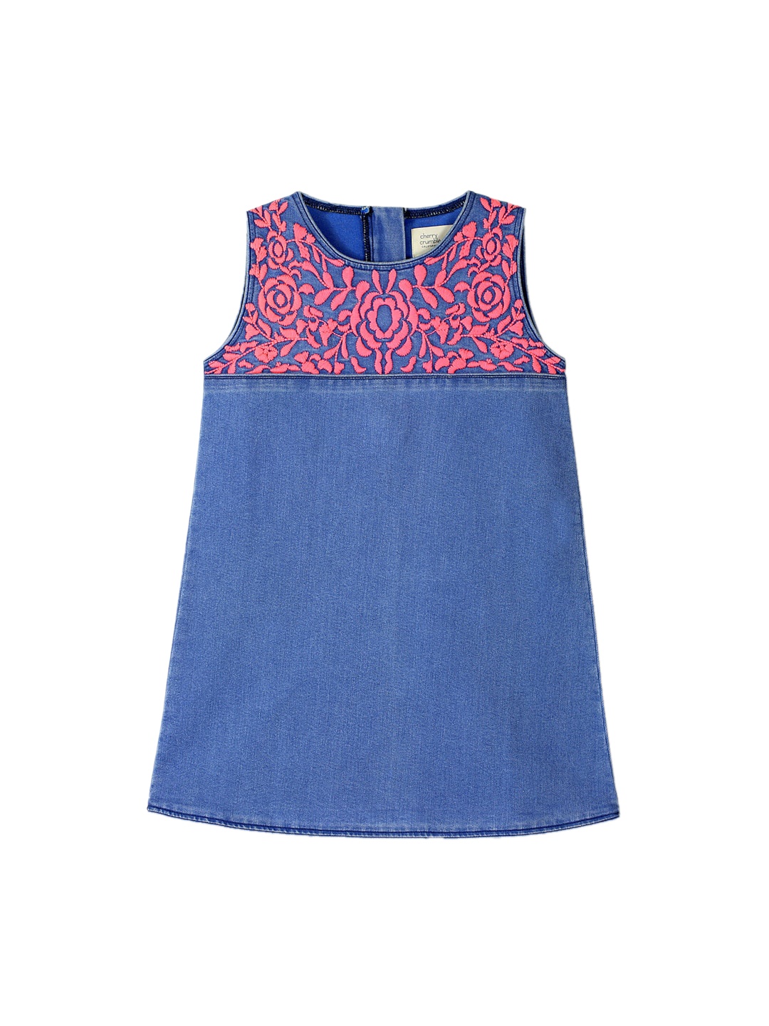 

Cherry Crumble Girls Blue & Pink Embroidered A-Line Denim Dress