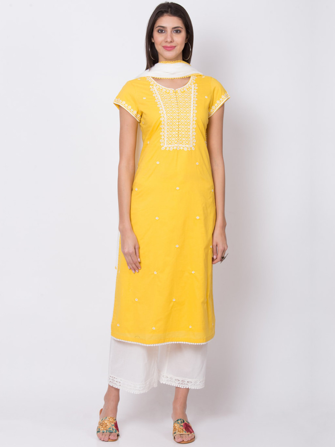 

Biba Women Yellow & White Embroidered Kurta with Palazzos & Dupatta