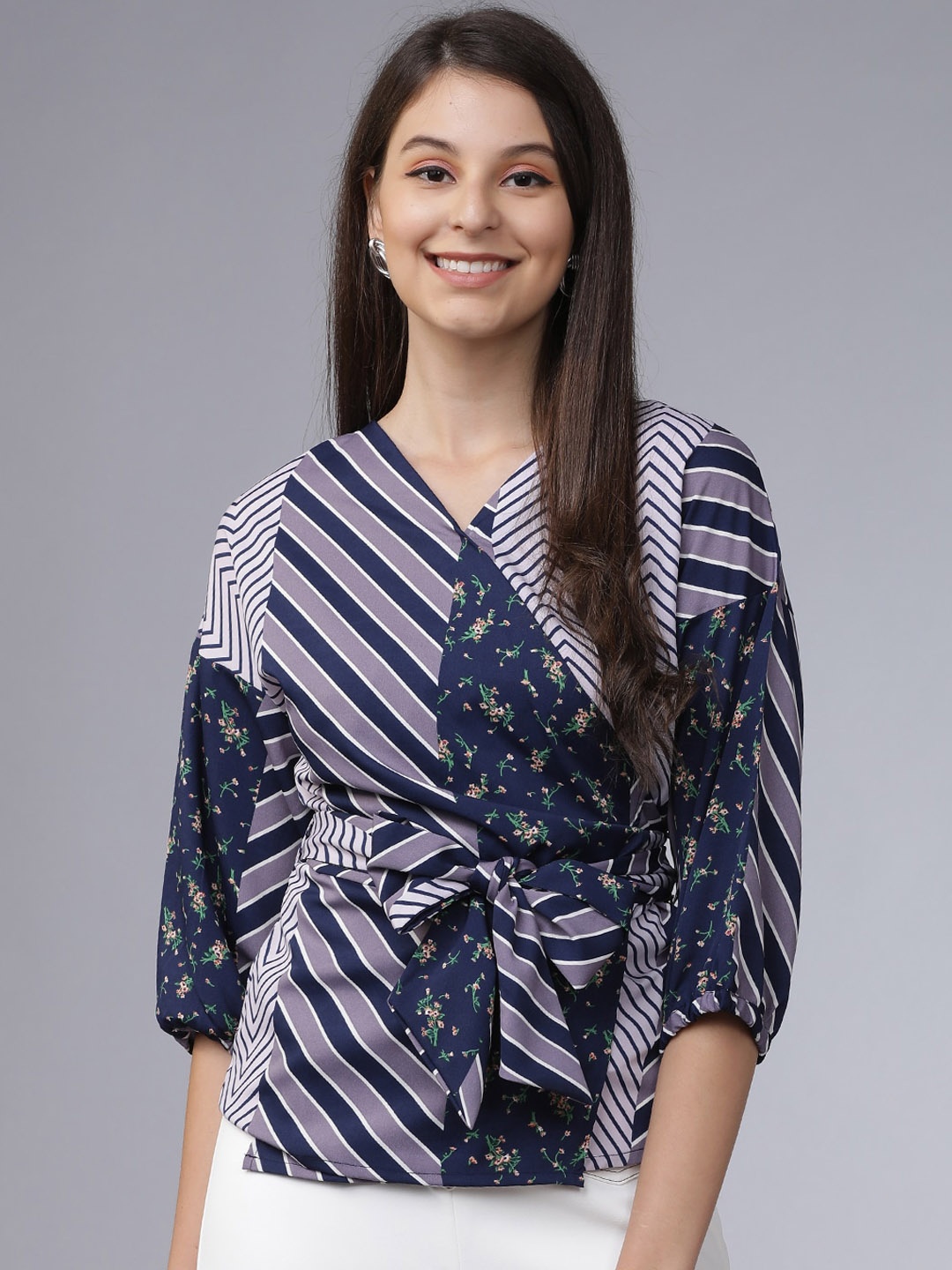 

Tokyo Talkies Women Purple & Blue Striped Wrap Top