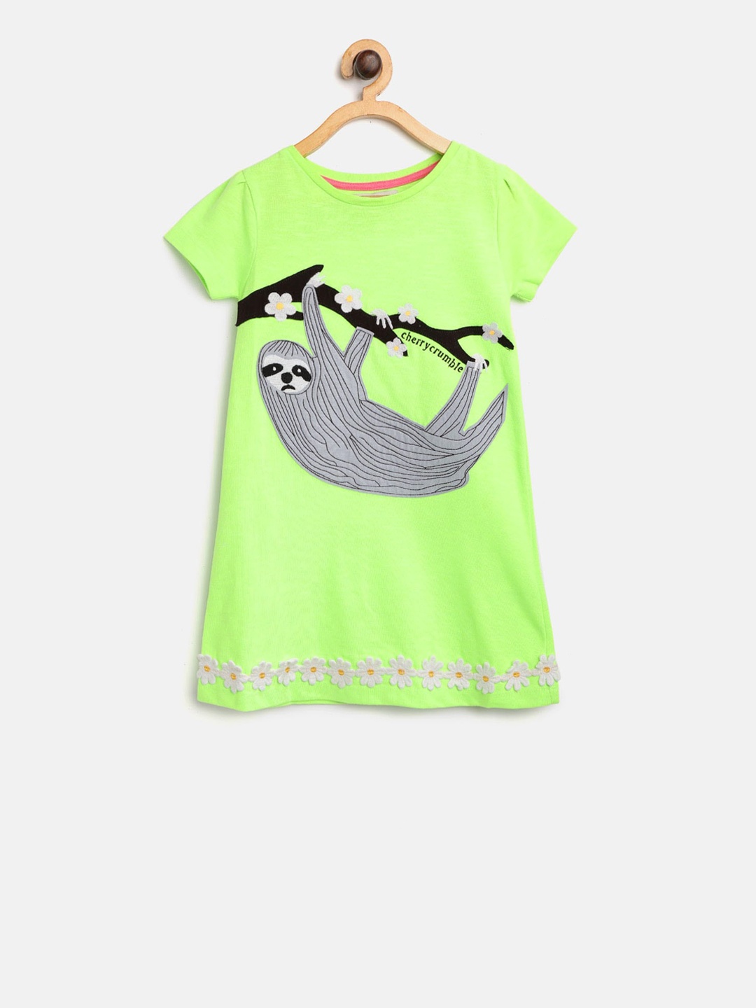 Cherry Crumble Girls Fluorescent Green Self Design A-Line Dress with Applique Detail