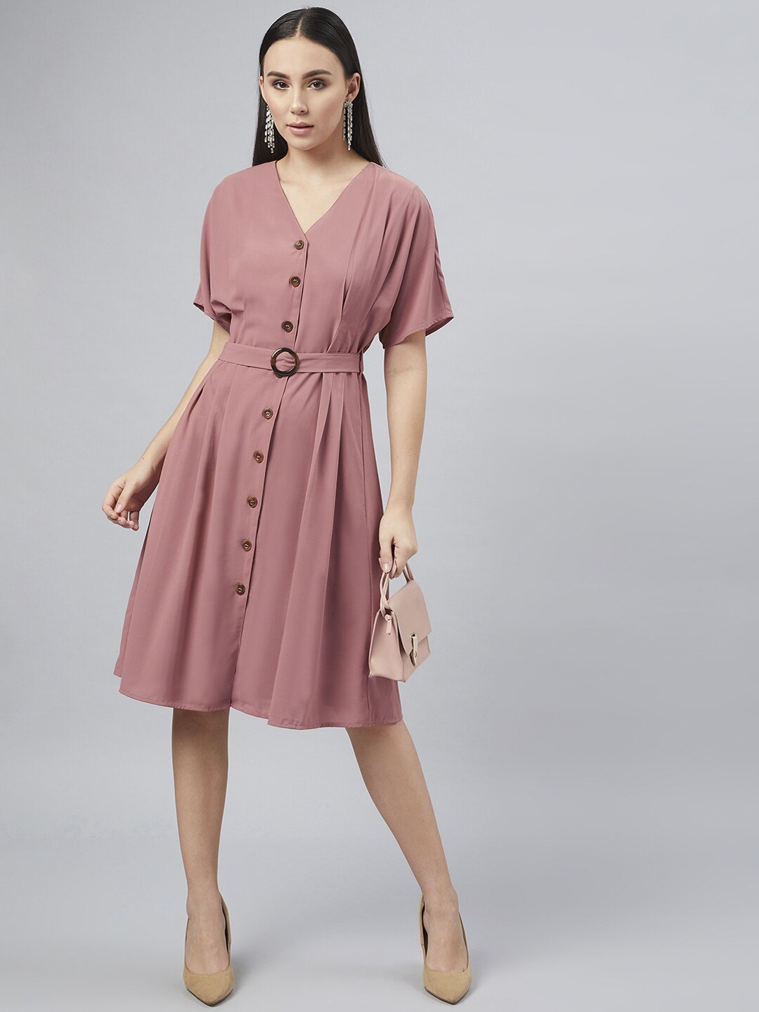 

Marie Claire Women Peach-Coloured Solid A-Line Dress