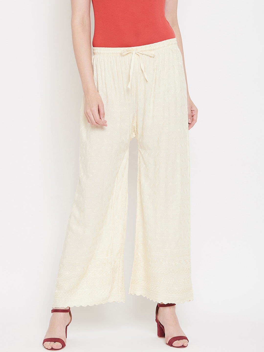 

Castle Women Cream-Coloured Self Design Straight Palazzos