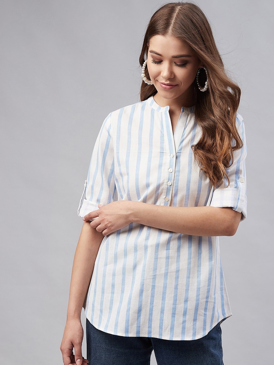 

Marie Claire Women Blue Striped Pure Cotton Top