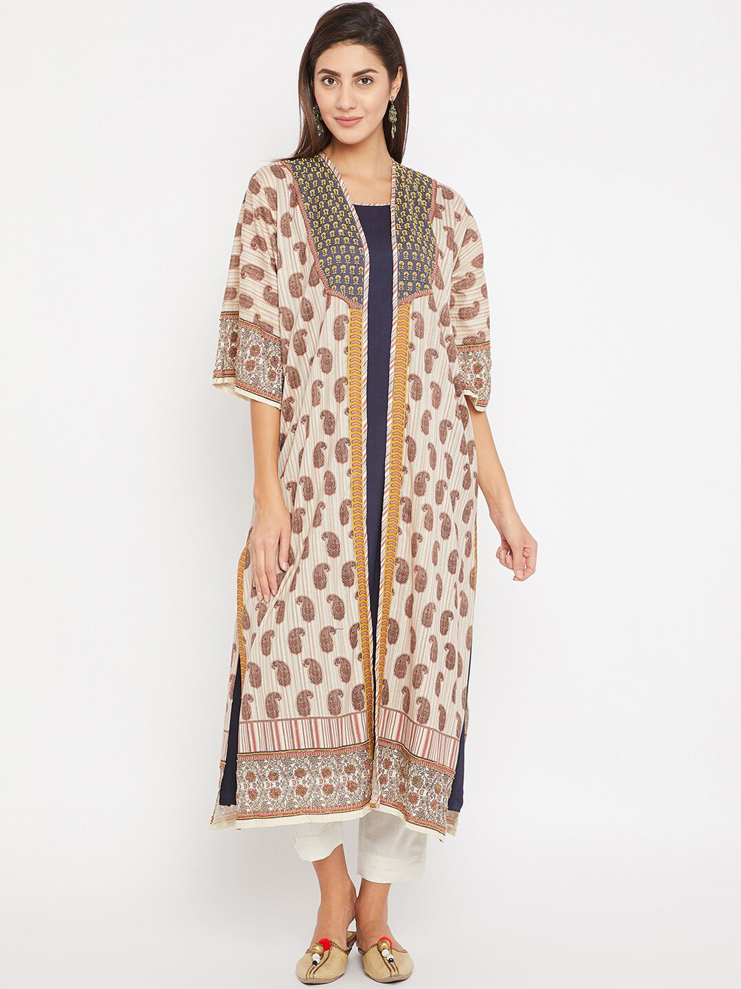 

The Kaftan Company Women Beige & Blue Paisley Print Kaftan Kurta