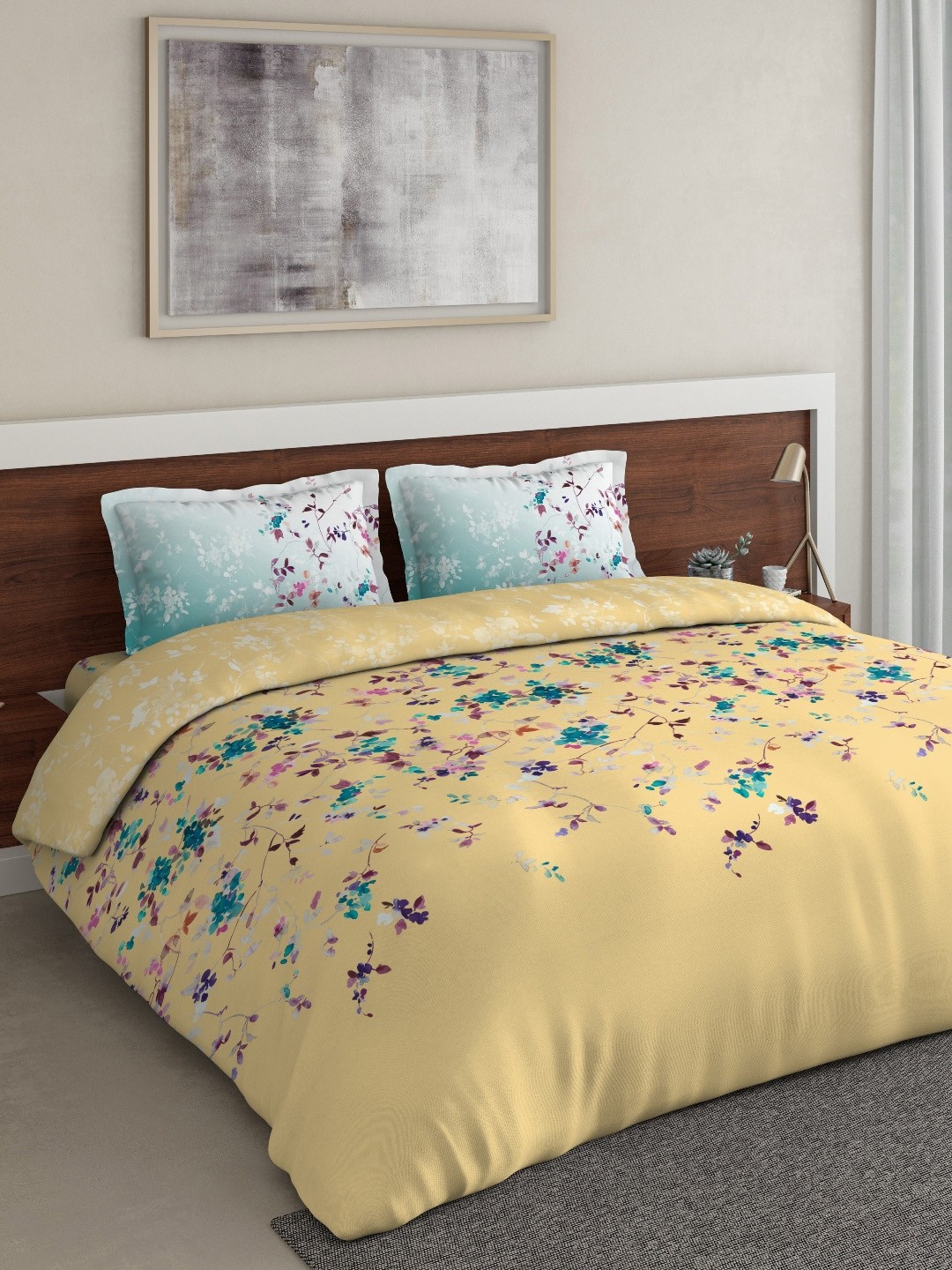 

DDecor Yellow & Blue Floral Printed Double Queen Bedding Set