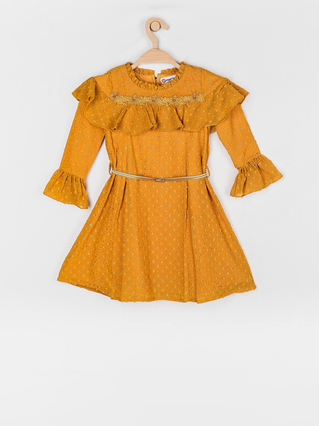 

Peppermint Girls Mustard Yellow Self Design Fit and Flare Dress