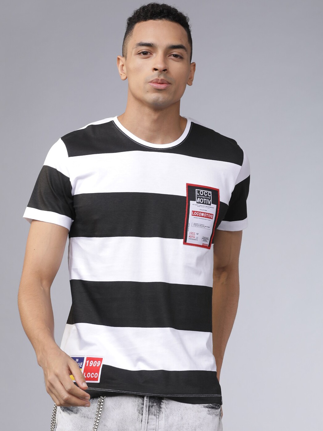 LOCOMOTIVE Men White & Black Striped Round Neck T-shirt