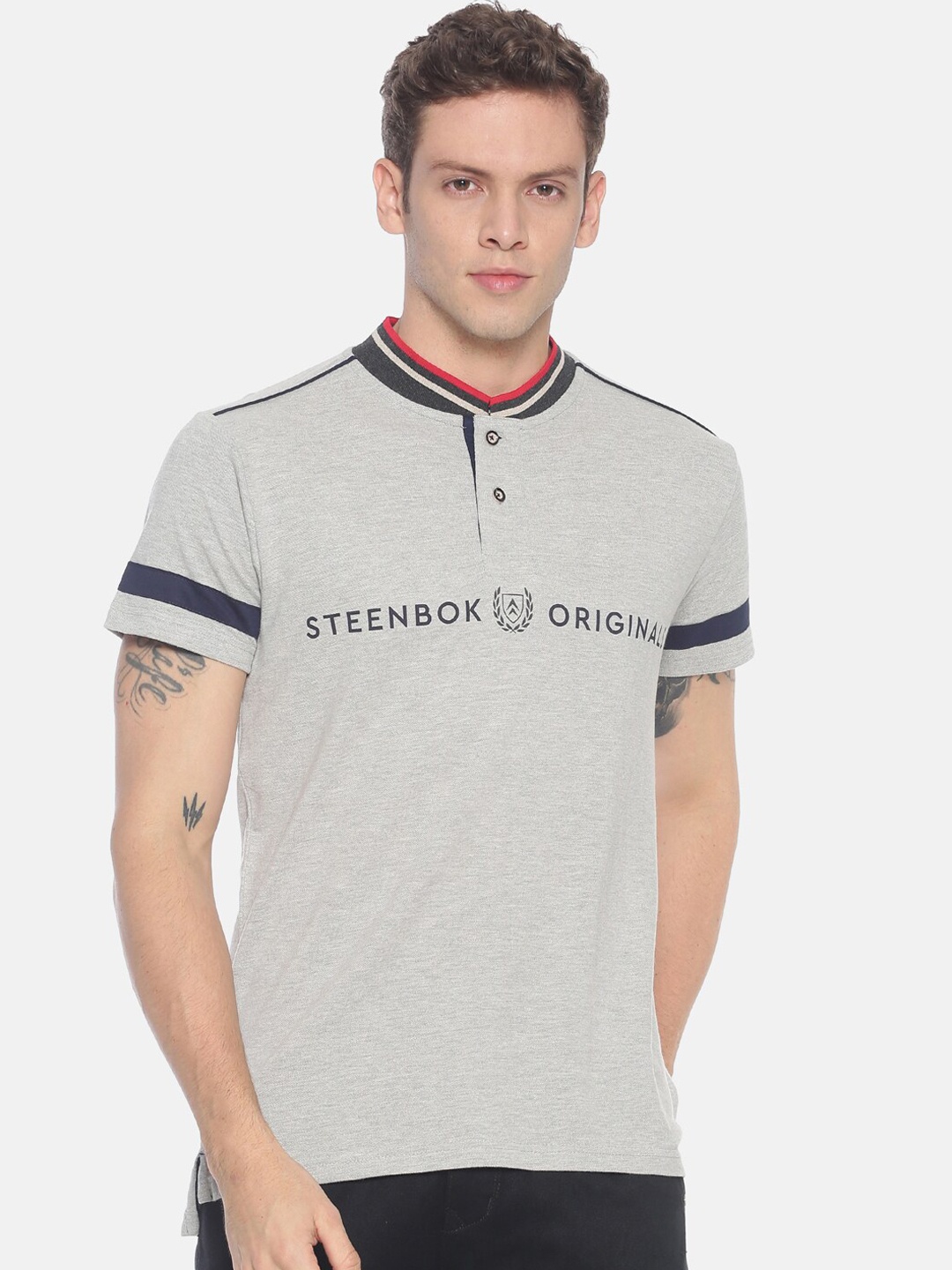 

Steenbok Men Grey Printed Polo Collar Pure Cotton T-shirt