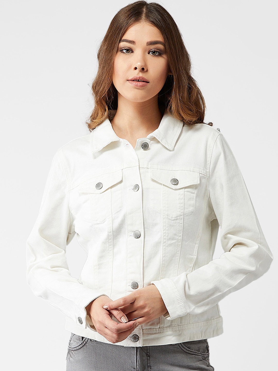 

Kotty Women White Solid Denim Jacket