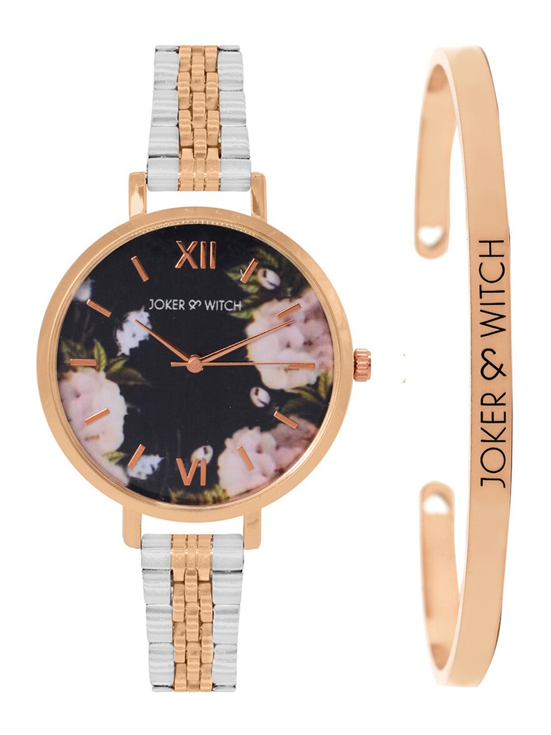 

Joker & Witch Women Black & Rose Gold Floral Dial Watch & Bracelet Stack JWBS158