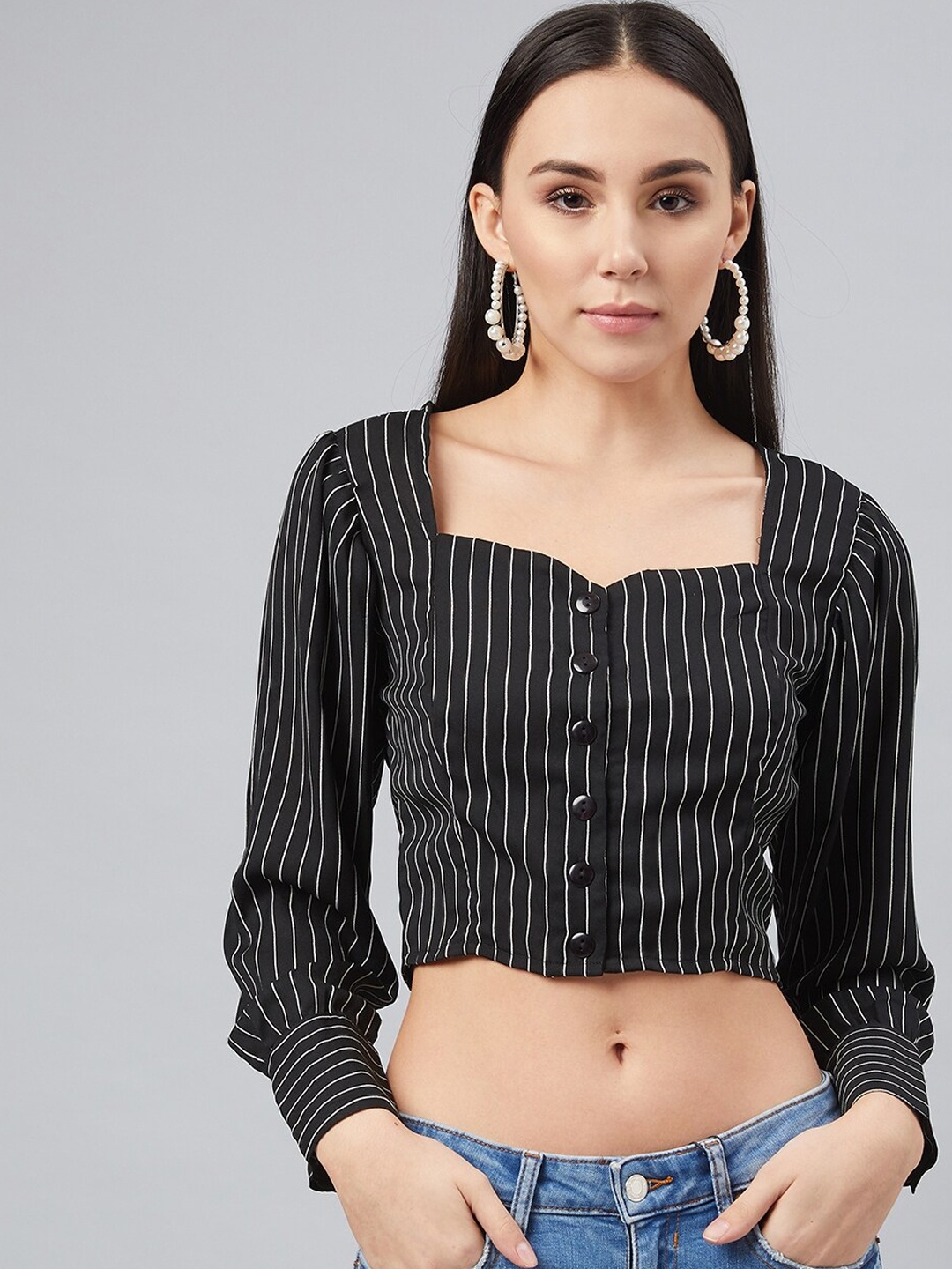 

Marie Claire Women Black Striped Shirt Style Crop Top