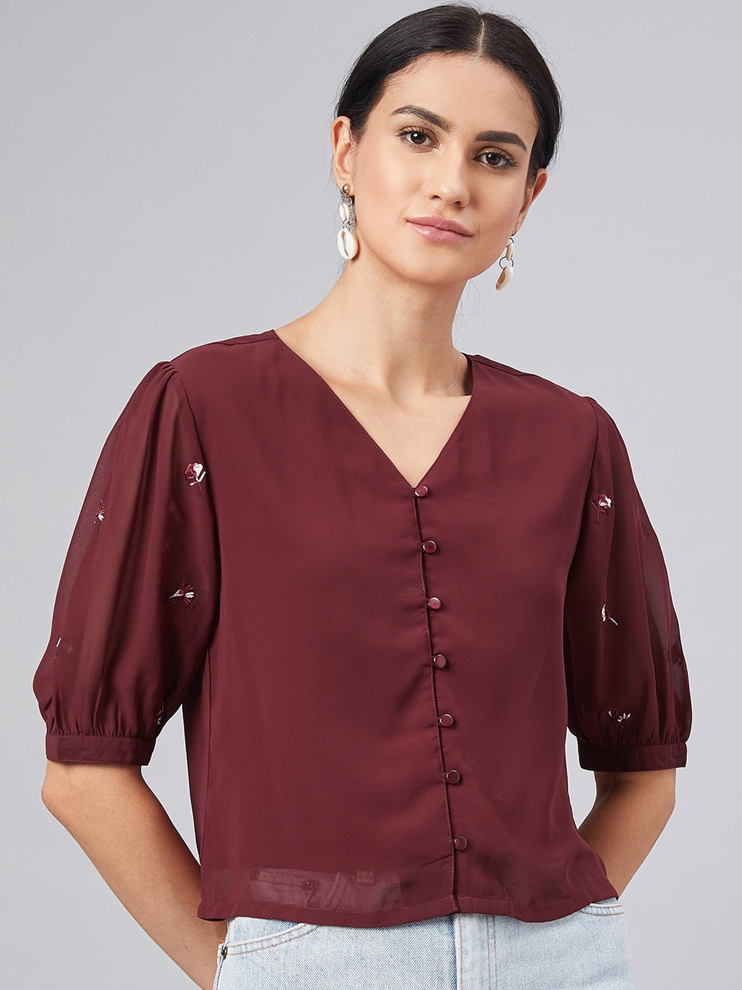

Marie Claire Women Maroon Embroidered Shirt Style Top