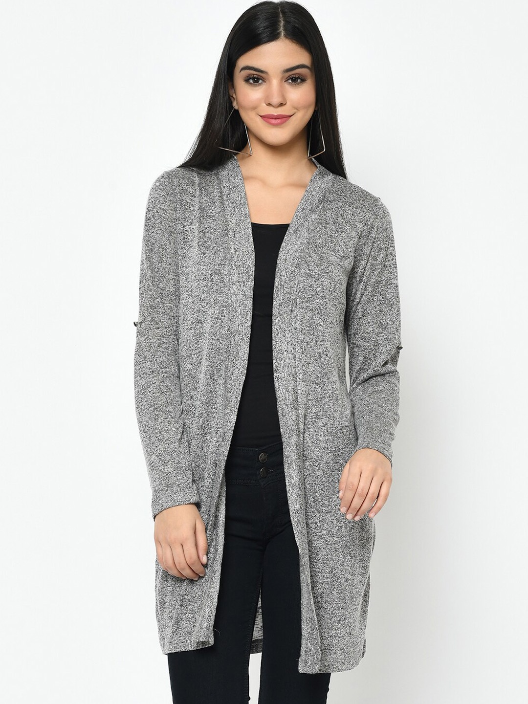 

Latin Quarters Women Grey Solid Open Front Shrug
