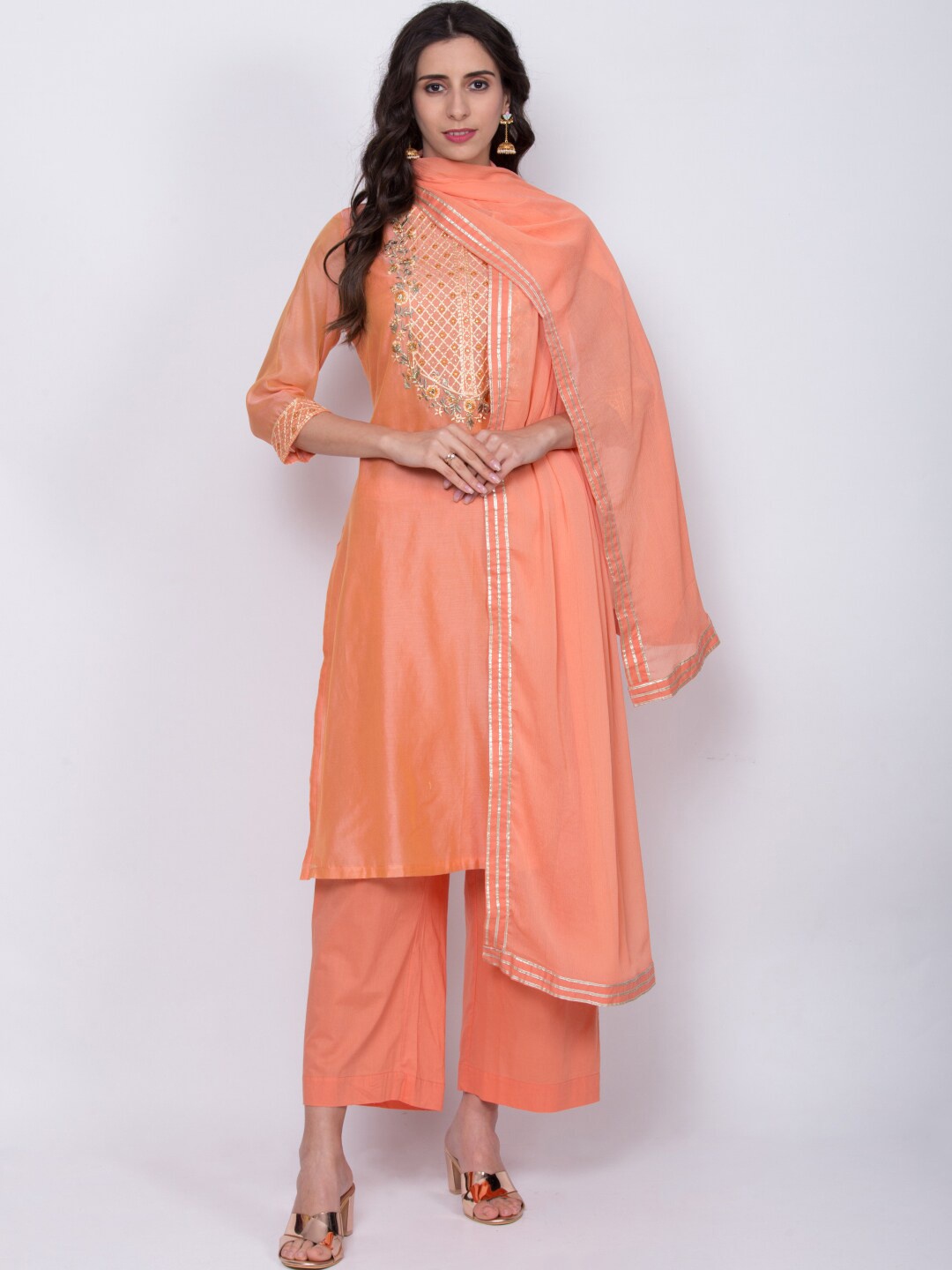 

Biba Women Orange Yoke Design Kurti with Palazzos & Dupatta
