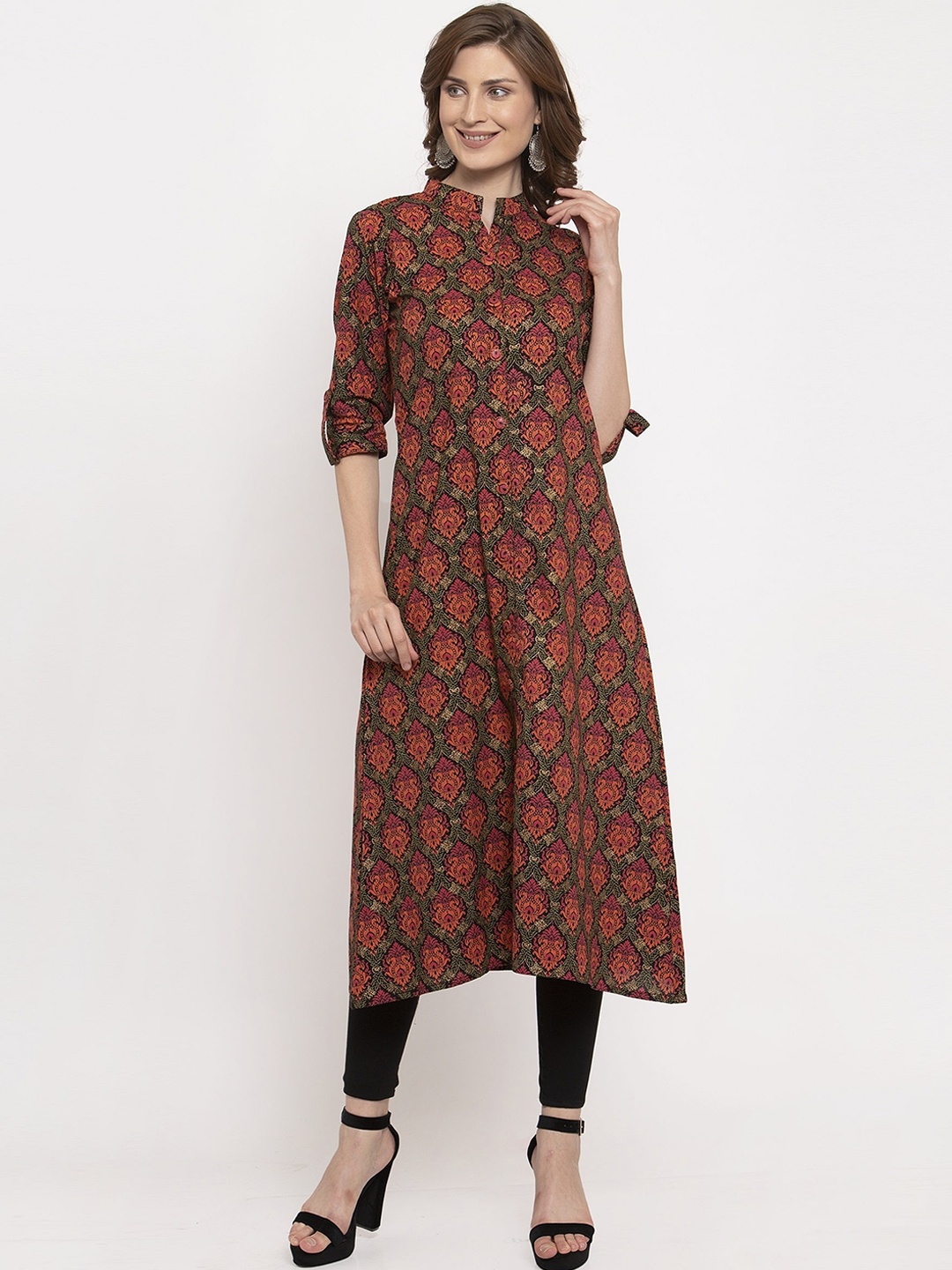 

Aujjessa Women Black & Pink Printed A-Line Kurta