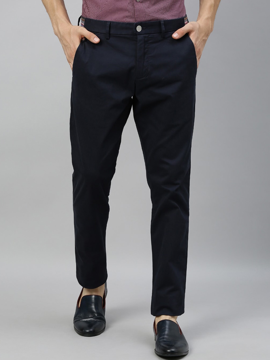 

RARE RABBIT Men Navy Blue Solid Regular Trousers