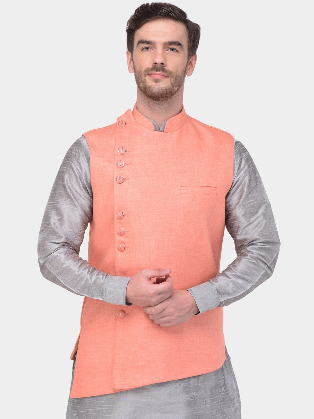 

SG LEMAN Men Peach-Coloured Solid Satin Nehru Jacket
