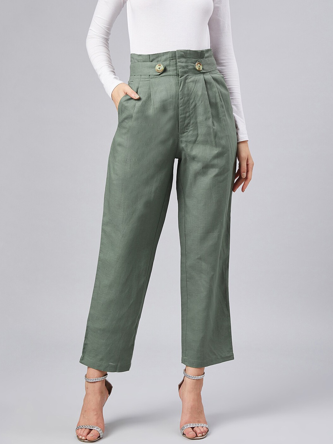 

Marie Claire Women Green Regular Fit Solid Linen Trousers