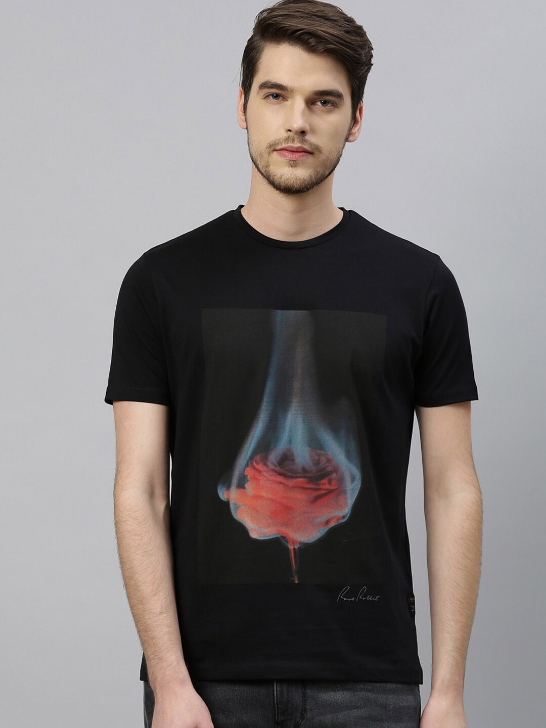 

RARE RABBIT Men Blaze Slim Fit Printed Round Neck T-Shirt, Black