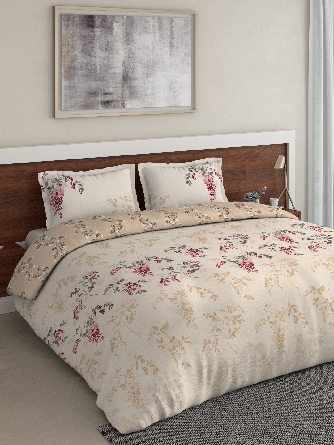 

DDecor Beige & Red Floral Printed Double Queen Bedding Set