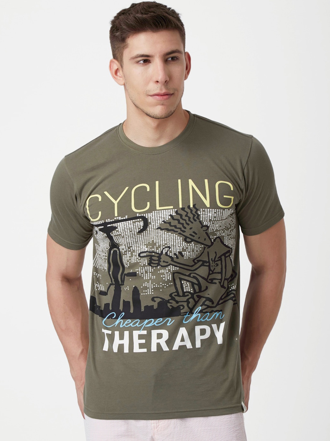 

FIDO DIDO Men Olive Green Printed Round Neck Pure Cotton T-shirt