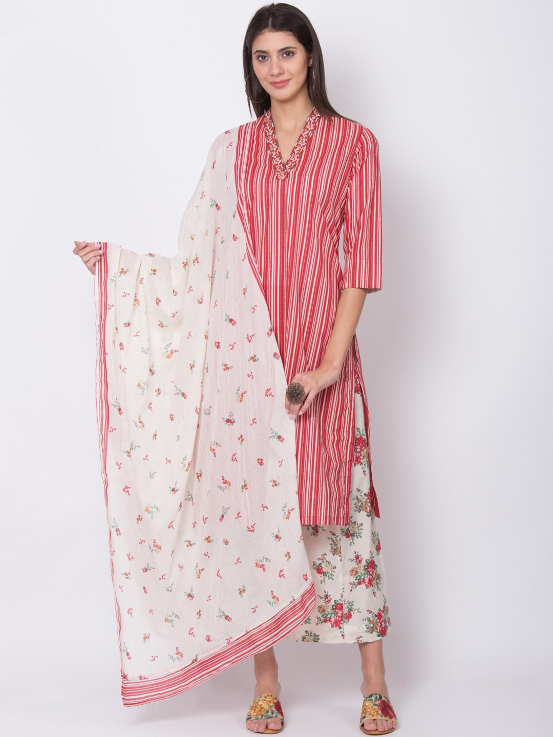 

Biba Women Red & White Striped Kurta with Palazzos & Dupatta