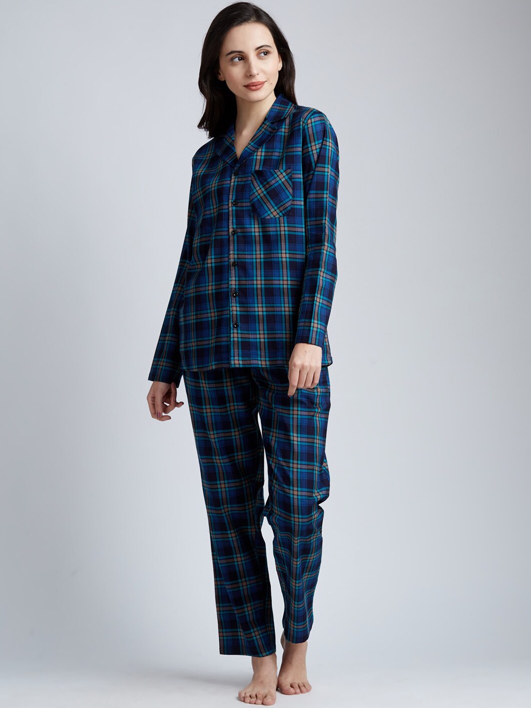 

DRAPE IN VOGUE Women Navy Blue & Green Checked Night suit