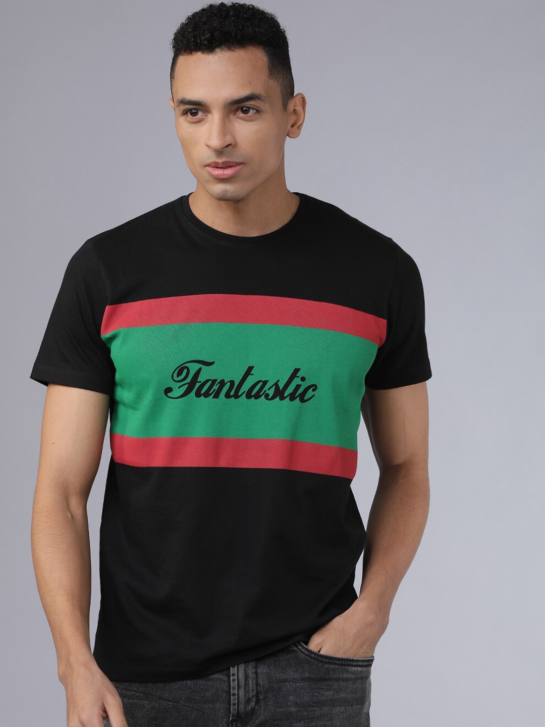 LOCOMOTIVE Men Black & Green Colourblocked Round Neck T-shirt