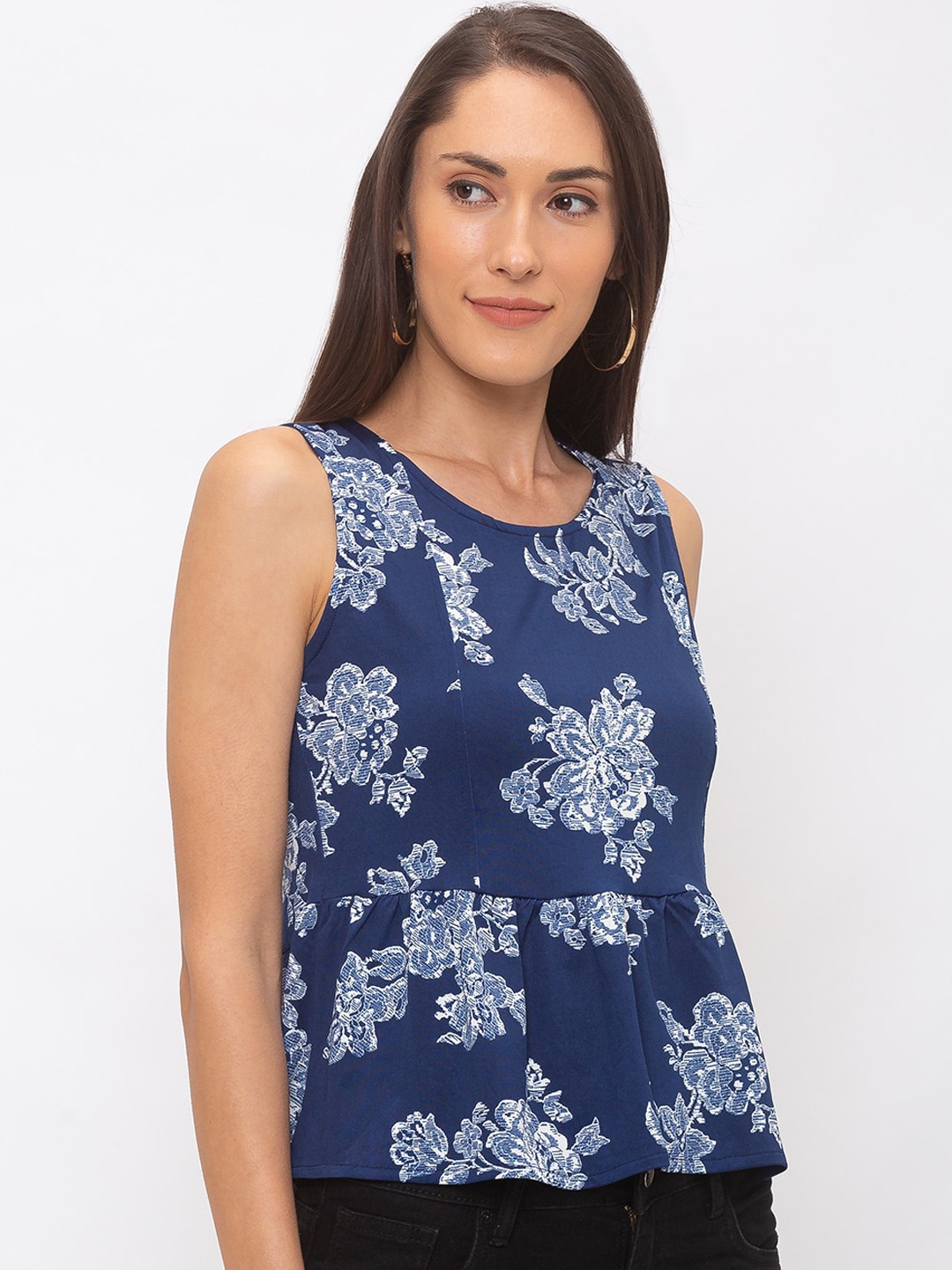 

Globus Women Navy Blue & White Floral Print Peplum Pure Cotton Top