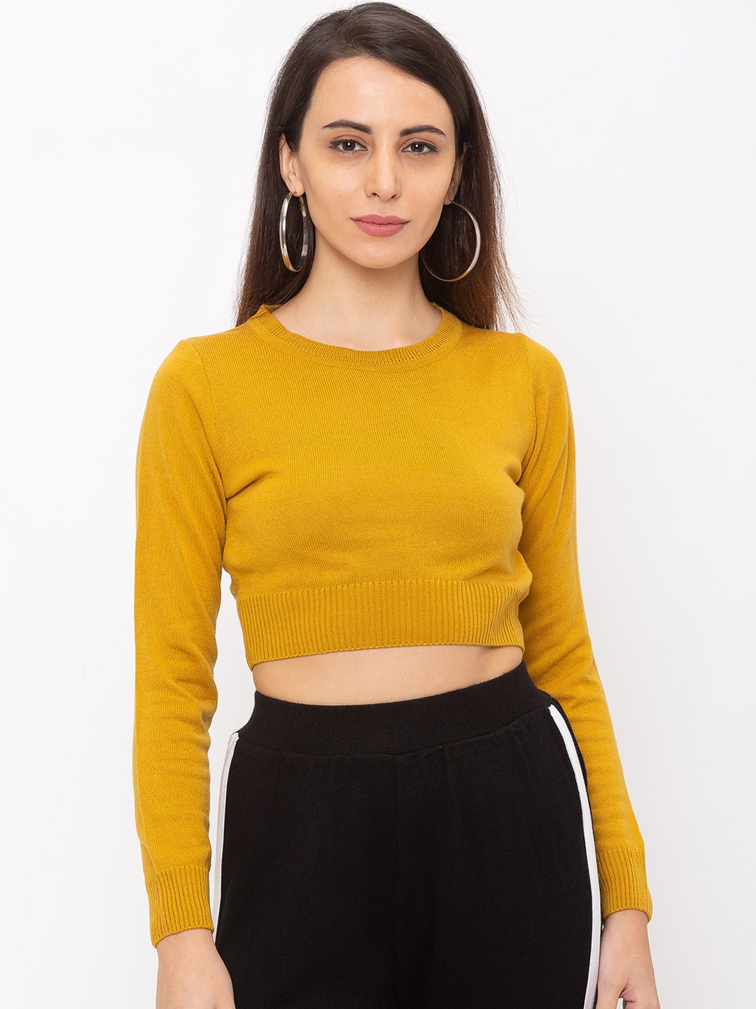 

Globus Women Mustard Yellow Self Design Pure Cotton Top