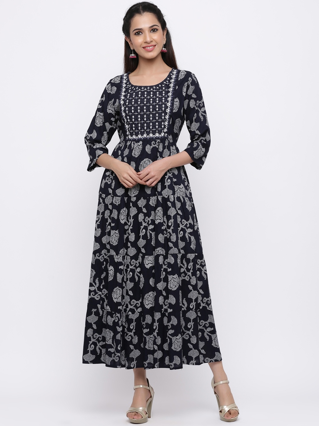 

Juniper Women Navy Blue & White Printed Maxi Dress