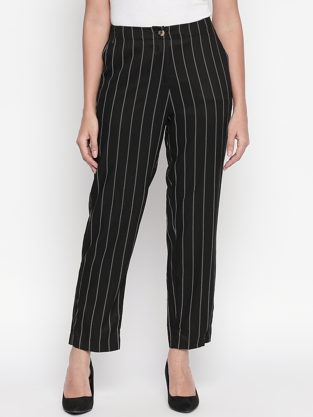 

Honey by Pantaloons Women Black Regular Fit Striped Parallel Trousers