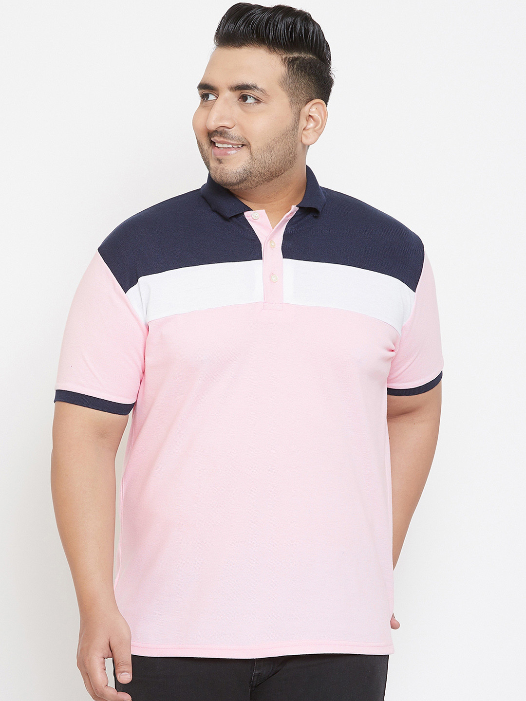 

bigbanana Plus Size Men Pink Colourblocked Polo Collar T-shirt