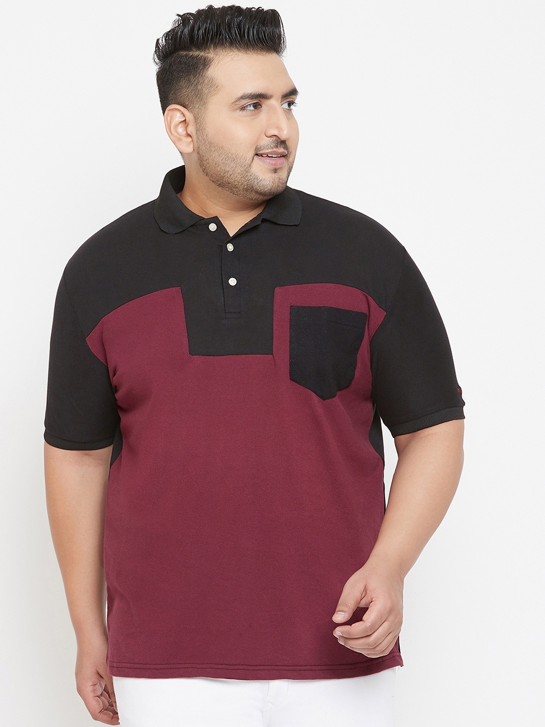 

bigbanana Plus Size Men Maroon Black Colourblocked Polo Collar Pure Cotton T-shirt