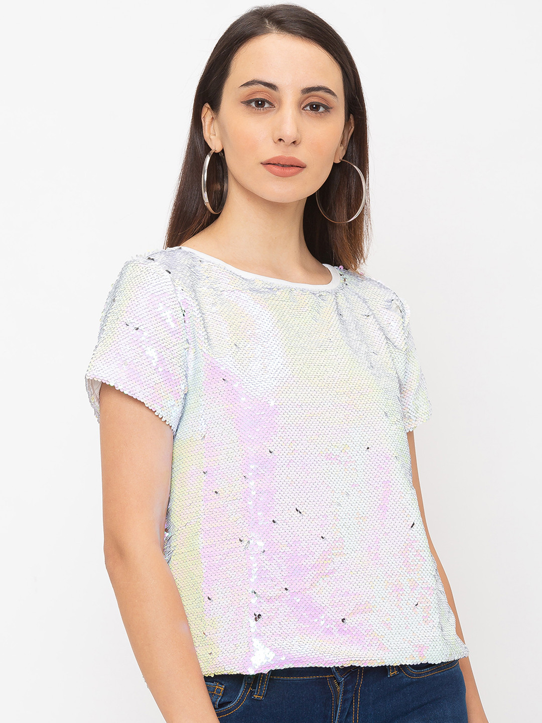 

Globus Women White Sequinned Pure Cotton Top