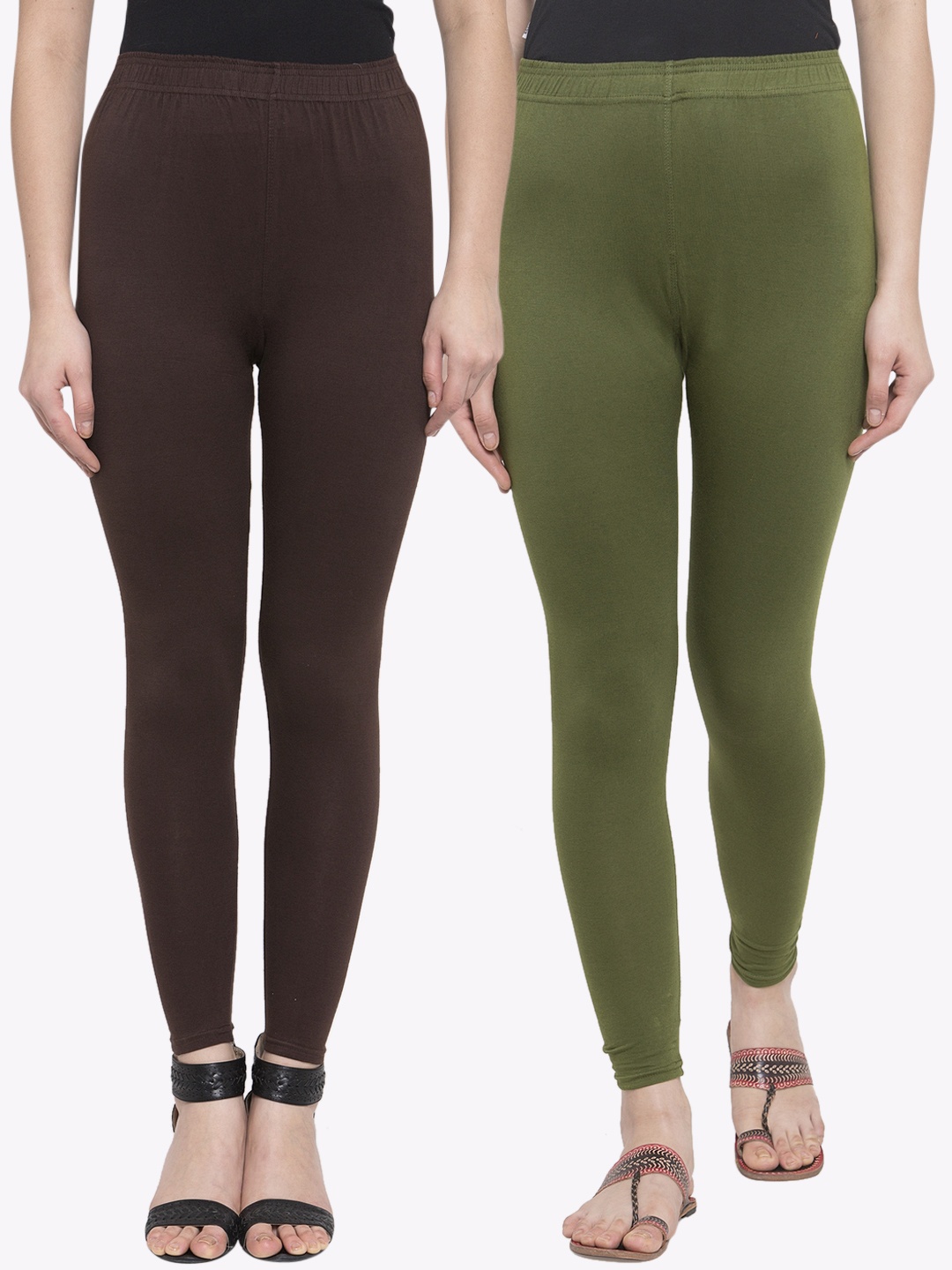 

TAG 7 Women Pack Of 2 Solid Ankle-Length Leggings, Olive
