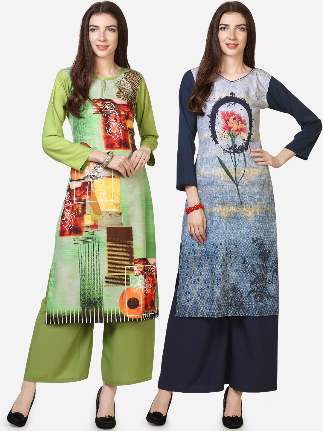 

Silk Bazar Women Pack Of 2 Green & Blue Printed Straight Kurta