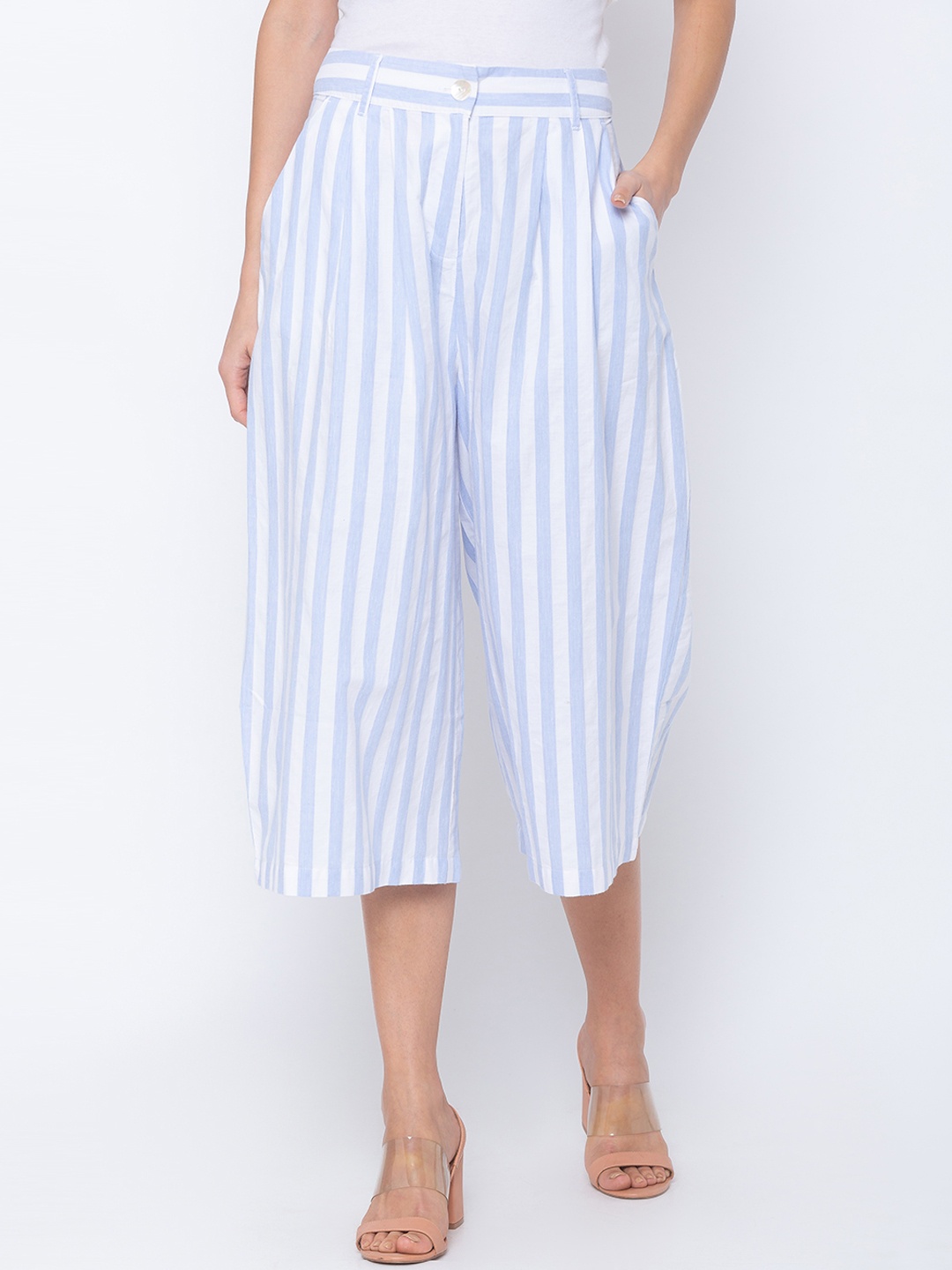 

Globus Women White & Blue Slim Fit Striped Culottes
