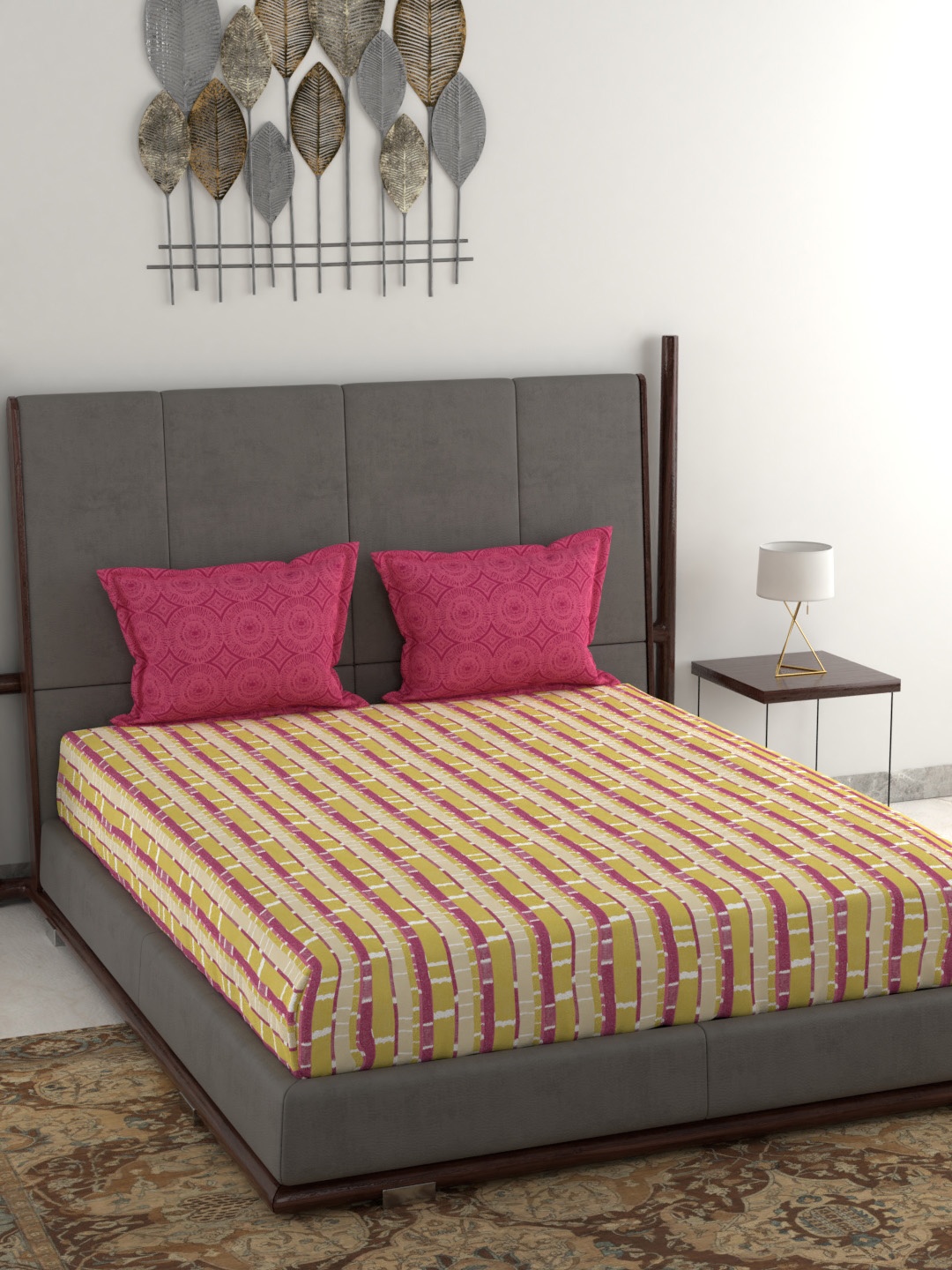 

MYTRIDENT Yellow Pink Striped 120 TC Cotton 1 Queen Bedsheet with 2 Pillow Covers
