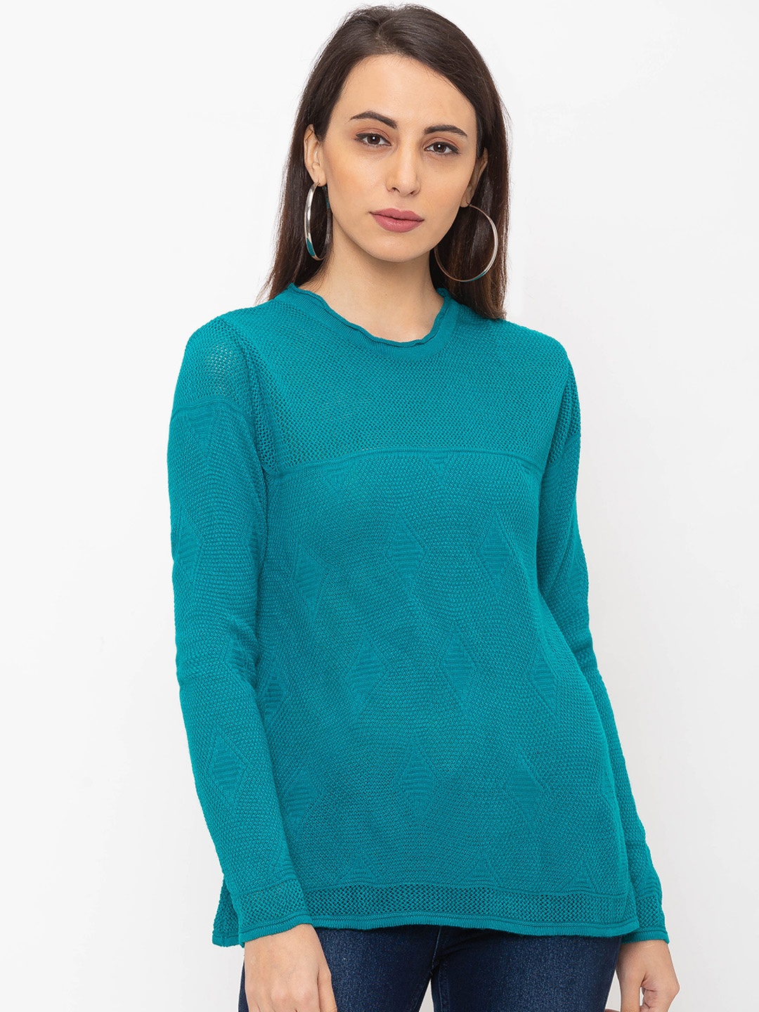 

Globus Women Teal Blue Self Design Pure Cotton Top