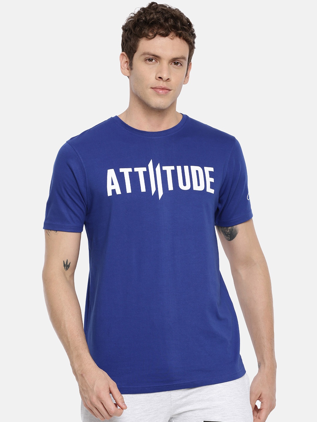 ATTIITUDE Men Blue & White Slim Fit Brand Logo Print T-shirt