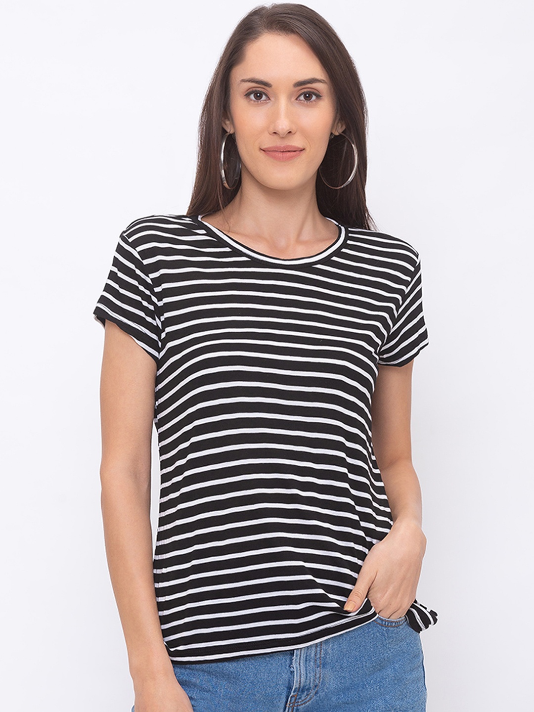 

Globus Women Black Striped Round Neck T-shirt