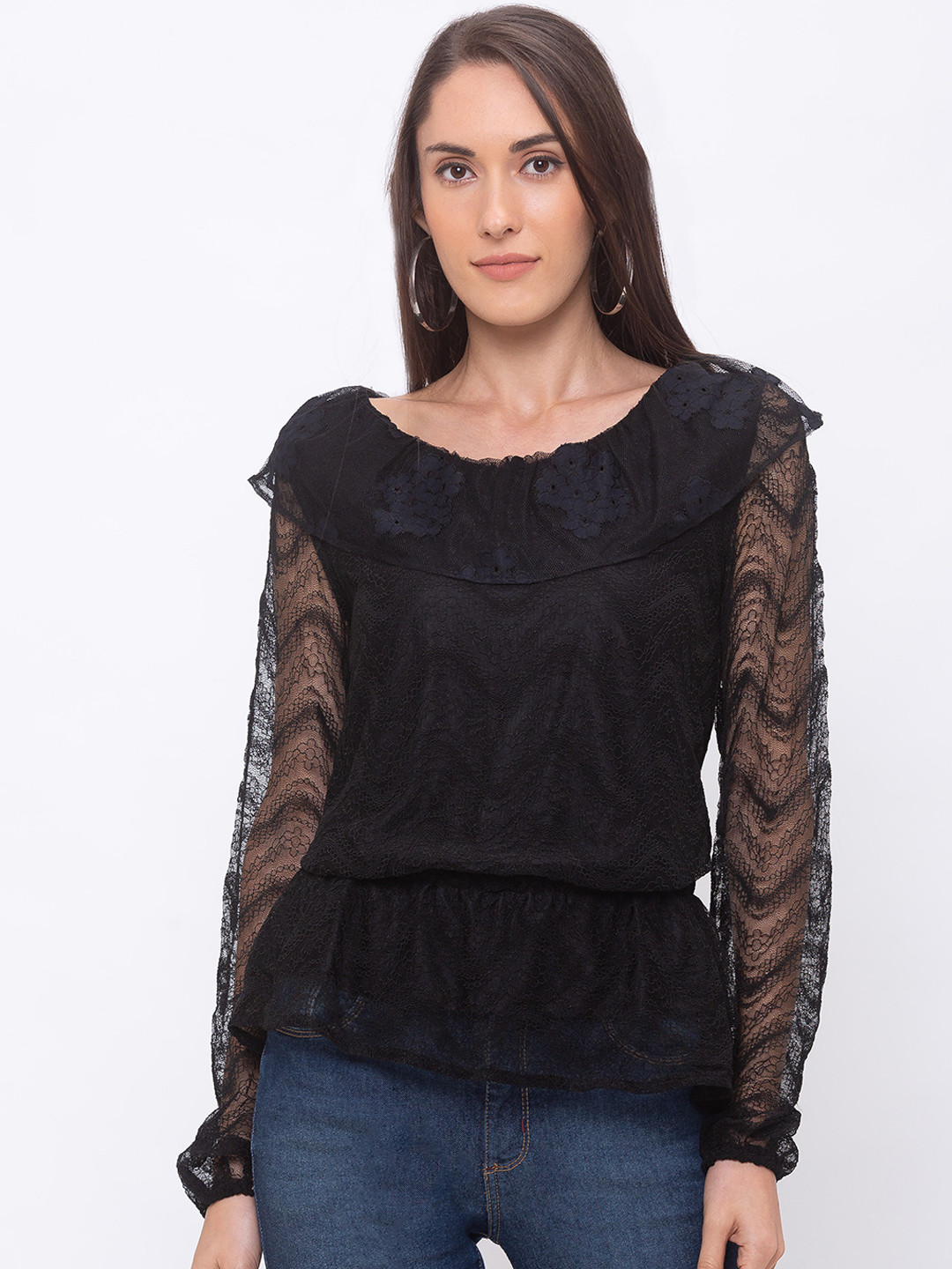 

Globus Women Black Self Design Cinched Waist Top