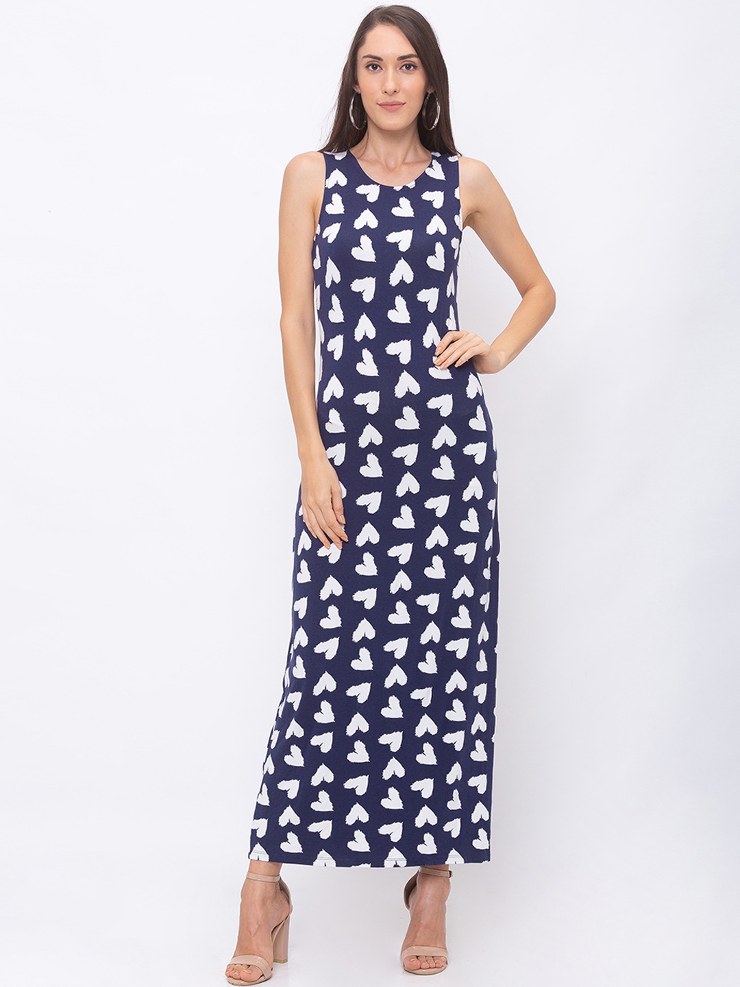 

Globus Women Navy Blue & White Heart Printed Maxi Dress
