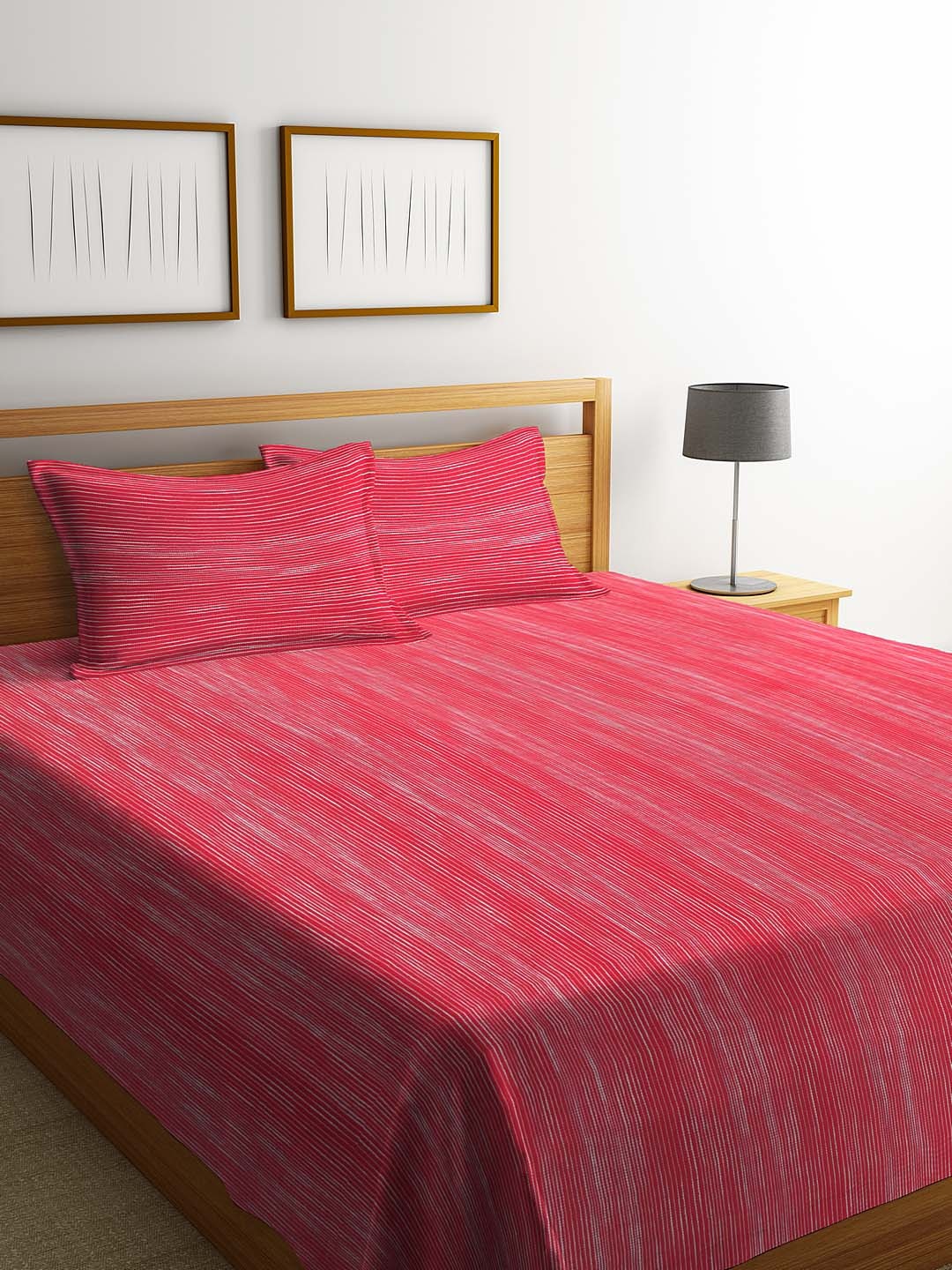 

KLOTTHE Red & White Woven Design Double Bed Cover With 2 Pillow Covers