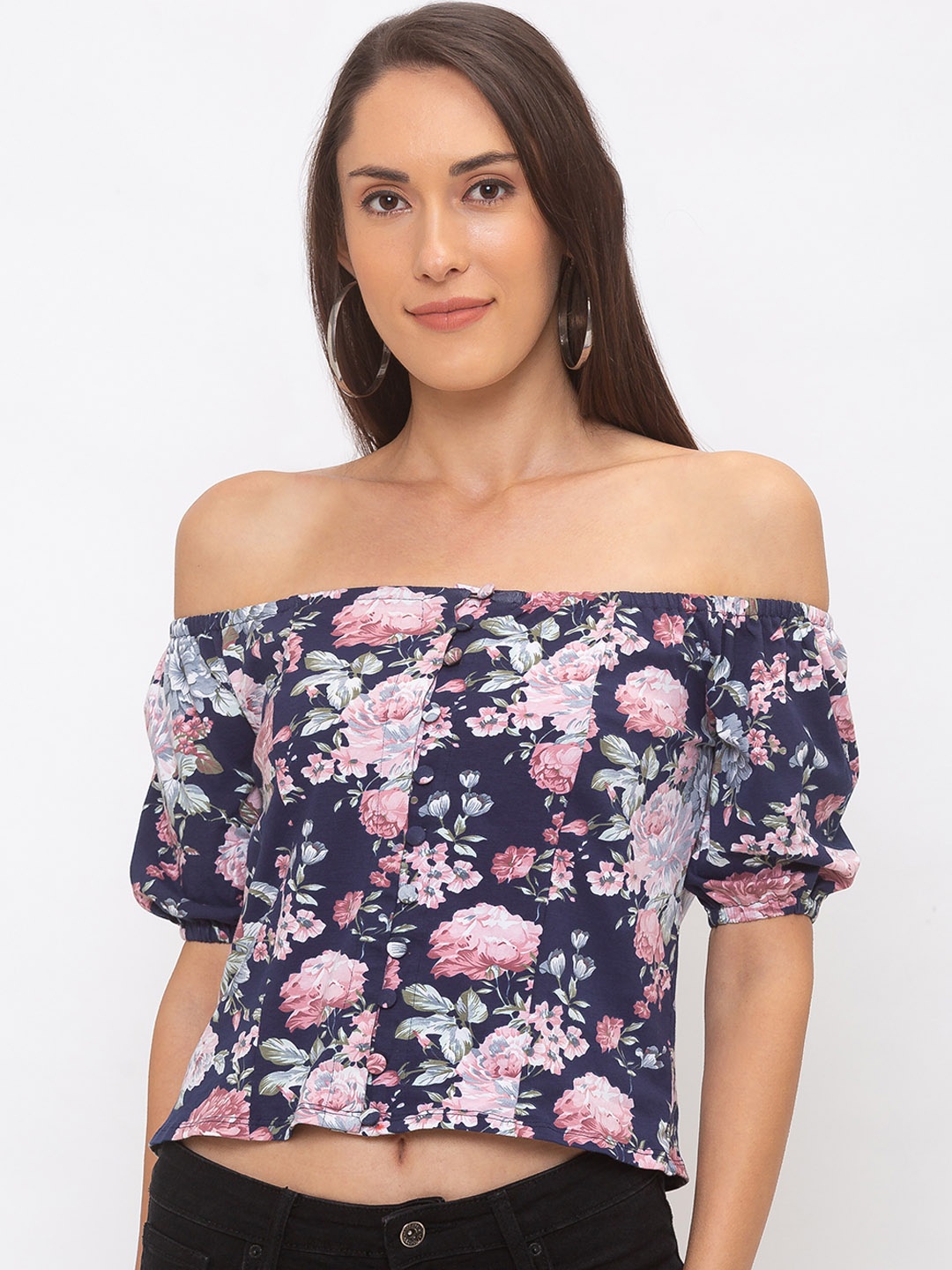 Globus Women Navy Blue Printed Bardot Pure Cotton Top