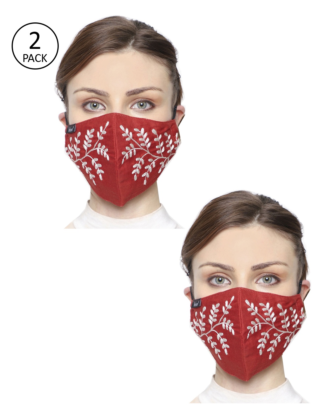 

Anekaant Women Pack of 2 Red 3-Ply Art Silk Embellished Cloth Mask