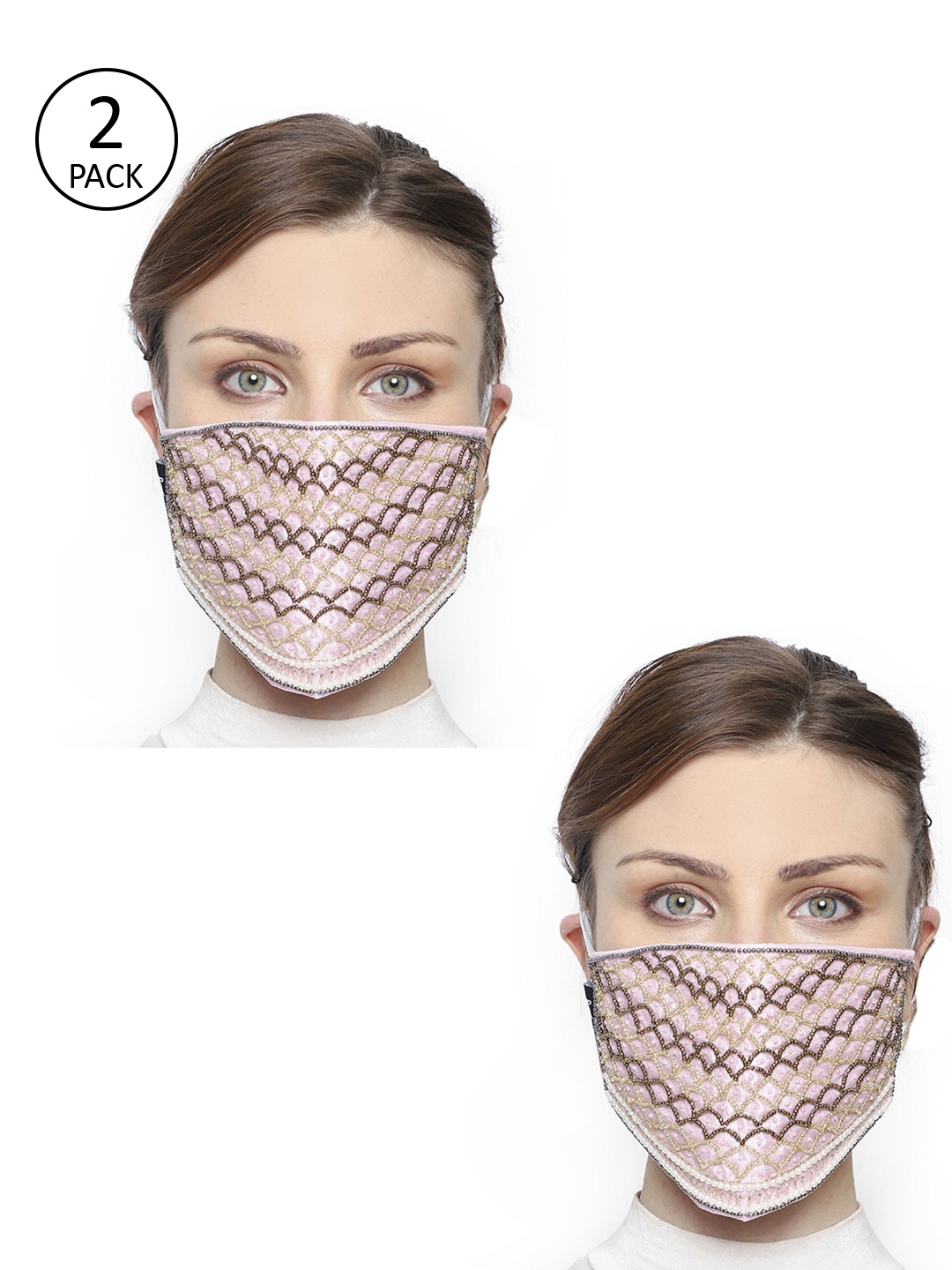 

Anekaant Women Pack Of 2 Pink & Gold-Toned 3-Ply Art Silk Embellished Reusable Cloth Masks