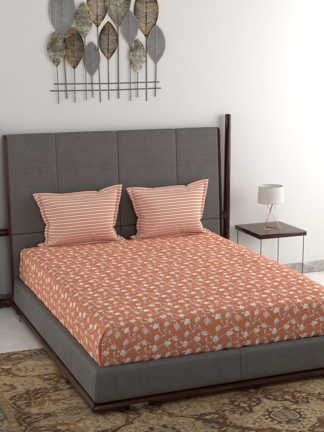 MYTRIDENT Peach-Coloured Floral 120 TC Cotton 1 Queen Bedsheet with 2 Pillow Covers