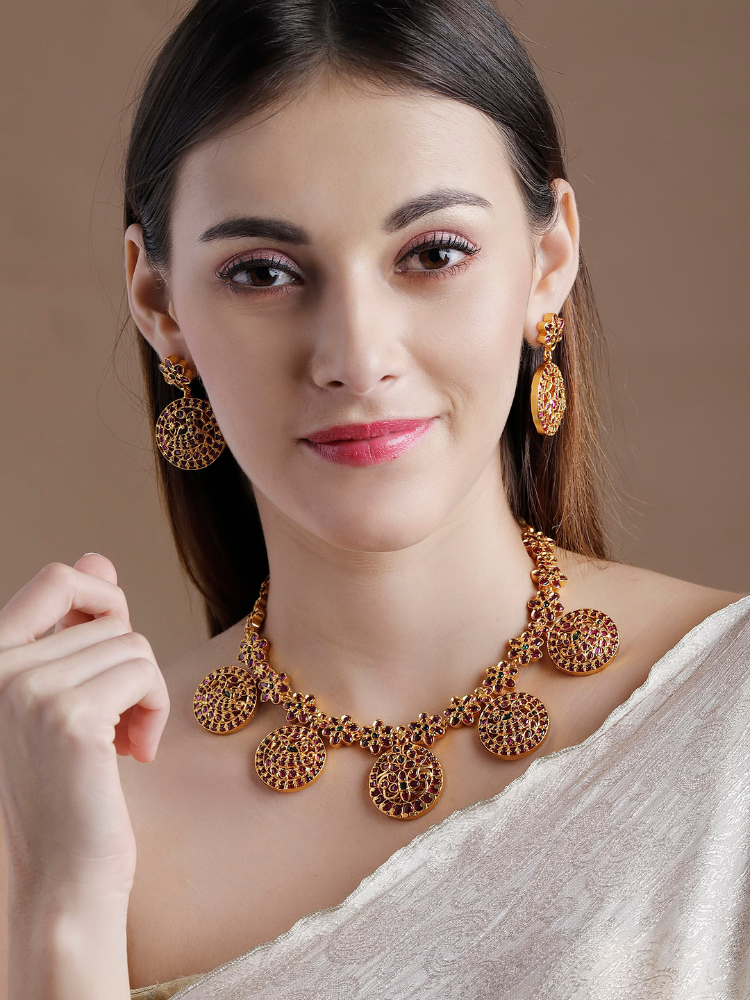 

Rubans 22K Gold Plated Red & Green Artifical Stone Studded Handcrafted Traditional Necklace Set